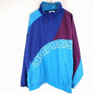 80年代 adidas アディダス ナイロンプルオーバー ジャケット 防寒 ハイネック ラグランスリーブ ブルー (メンズ L) O0212 /1円スタート