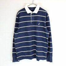 NAUTICA ノーティカ ワンポイントロゴ 長袖 ポロシャツ カジュアル ボーダー ネイビー (メンズ L) O1101 /1円スタート_画像1