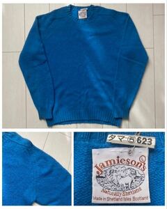 送料無料 スコットランド製 Jamieson's ジャミーソンズ CREW NECK KNIT SOLID wool クルーネック 無地 ニット セーター blue ブルー 青 XL