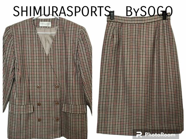 【SHIMURA SPORTS BySOGO】ノーカラー レディース スカートスーツ　古着