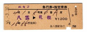 ☆国鉄　八雲駅発行　ニセコ　急行、指定席券　S５６年☆