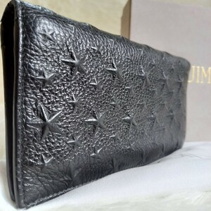 1円～　現行モデル　ジミーチュウ　JIMMY CHOO　長財布　カーナビー　スターエンボス　ブラック メンズ 2つ折り　レザー　星　付属品完備　