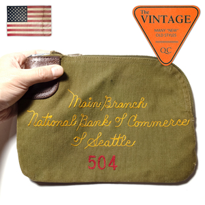60's USA Vintage Talon made Zip khaki clutch handbag chain stitch original leather nylon antique America made 04