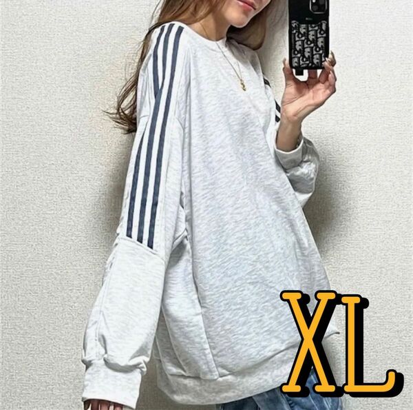 XL 袖ライン ゆったり オーバーロンT スポーティ 秋 グレー ボーダー