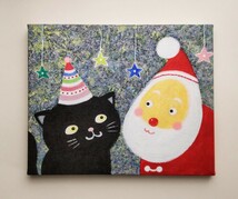 ★クリスマス限定★ 絵画 原画『ステキな帽子だね』キャンバス(F3号) 一点物 真作 クリスマス サンタクロース 猫 黒猫 可愛い 楽しい 幸せ_画像1