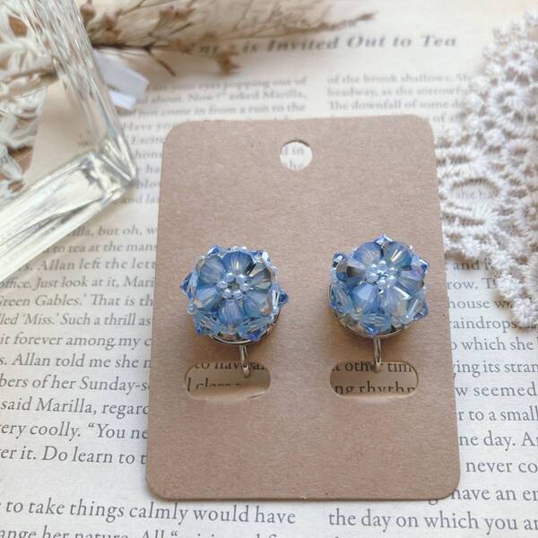 イヤリング ビーズ ガラス キラキラ ブルー アクア シルバー☆Vintage jewelry accessories A0834