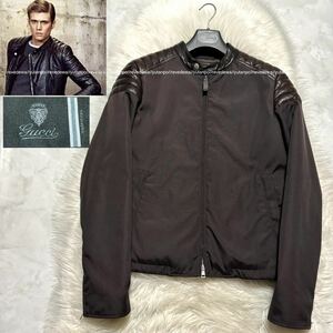 本物 美品 グッチ レザー切替 ZIP UP ブルゾン ジャケット 46 ブラウン GUCCI シェリーライン