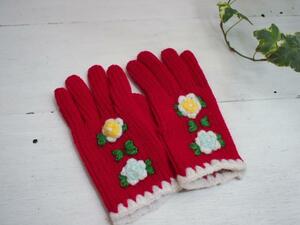  retro miscellaneous goods * pretty knitted . flower. embroidery child gloves * red * display 