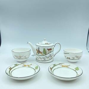 【H14】Wedgwood　ウェッジウッド ハンティングシーン カップ＆ソーサー 湯呑 ティーポットセット 　現状品