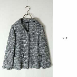 超美品☆ケーティー K.T☆フリンジツイード Vネックジャケット 11サイズ 日本製☆A-O 7689