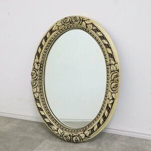 アンティーク調 ウォールミラー 壁掛け鏡 木彫り装飾 シャビー シック 楕円形 オーバル【11B2311013】