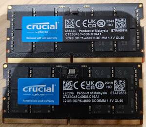 Crucial ノートPC用増設メモリ 64GB(32GBx2枚) DDR5-4800 (PC5-38400) CL40 SODIMM (CT2K32G48C40S5) 