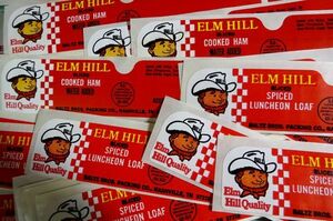 海外紙もの　ヴィンテージ　ELM HILL 細長食料品ステッカー　2種(各25枚)　ミートラべル　　1960年代　50枚