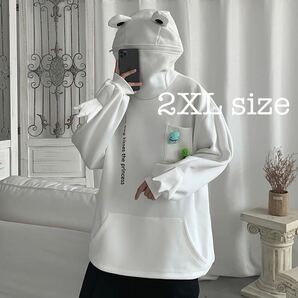 パーカー カエル フード トップス ビッグシルエット 長袖 ユニセックス 白 ホワイト 2XL