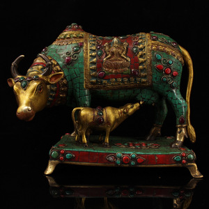 【古寶奇蔵】銅製・寶石嵌・彩繪・描金・母子牛・置物・賞物・中国時代美術