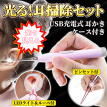 耳かき ピンセット ライト USB 充電式 光る LED ルーペ 収納ケース付 照明 掃除 セット 耳垢 赤ちゃん 子供 大人 ピンク イヤー コンパクト_画像1