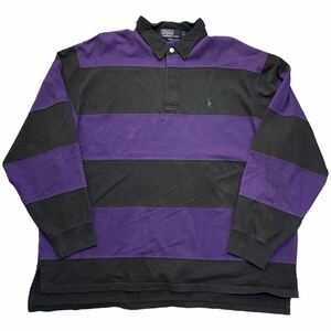 90s Polo by Ralph Lauren ラガーシャツ XL ブラック×パープル ワンポイント 刺繍 ポニー ポロ バイ ラルフローレン ヴィンテージ