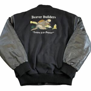 90s Beaver Builders ビーバー 刺繍 スタジャン Culling Creek ブラック M 袖革 レザー ウール アワード ジャケット ブルゾン
