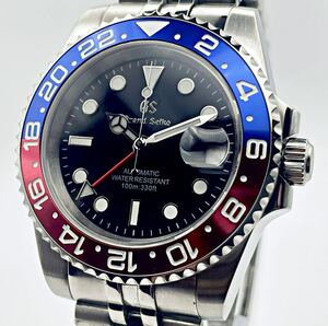 SEIKO MOD GMTマスター オマージュ GS カスタム オートマチック NH34A カレンダー付 24時間計 GMT針稼働 裏スケルトン ペプシ