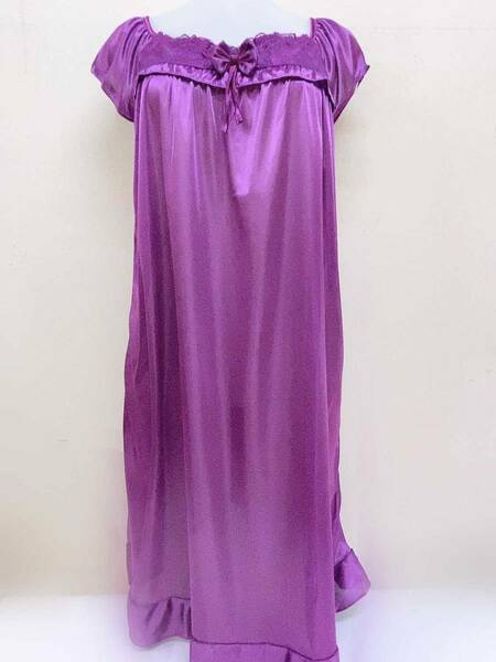バイオレット レディース パジャマ 半袖ワンピース 着丈約95cm ポリエステル 紫 ルームウェア リボン フリル ナイトウェア ネグリジェ