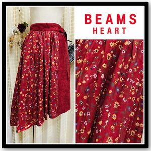 新品BEAMS HEART ビームスハート＊赤異素材アシメスカート　サイズＦ　花柄×ベロア　ひざ丈　秋冬スカート　