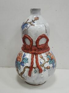 △瓢箪型 花器 置物 陶器 花瓶 色絵 花図 高さ約53cm レトロ(KS11-151)