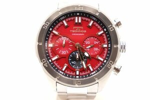 《極美品》TECHNOS　テクノス　クロノグラフ　T6B37　赤文字盤　クォーツ/電池　メンズ　ステンレス　稼働　腕時計