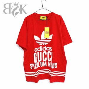 未使用 グッチ×アディダス コラボ メンズ ロゴ Tシャツ Lサイズ 赤 レッド アパレル GUCCI adidas 中古 ★