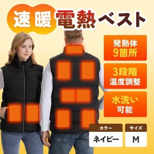 電熱ベスト ヒーターベスト M ネイビー 防寒 バイク 外作業 男女兼用 洗濯可 MN10 電熱ウェア 防寒着 もこもこ 冬