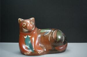D4305 ヴィンテージ メキシコ トラナ焼 陶製 猫オブジェ (幅27cm) 手捻り座りネコ 置物