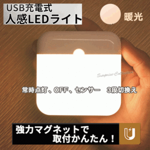 人感センサーライト LED マグネット USB充電 屋内 簡単取り付け 玄関 階段 照明 足元灯 自動点灯 感知 省エネ 廊下 防犯f6★