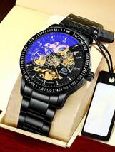 腕時計 メンズ 機械式 1個 ブラック ステンレス鋼 ストラップ ビジネス ラウンド ダイヤル メカニカルウォッチ , 日常_画像1