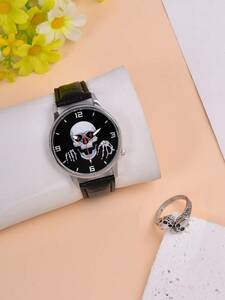 腕時計 メンズ セット ハロウィンメンズダブルセット スカル腕時計 レザーベルト サイズ調整可能なスカルリング 2点セット