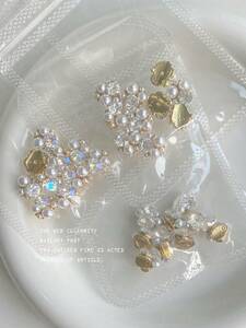 ネイル デコレーション 3パール&ダイヤモンド&ゴールドトーン合金メタルネイルアートデコレーションセット、自宅での、サロン、結婚式