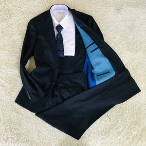 ランバン『紳士の品格』LANVIN COLLECTION　スーツ　セットアップ　テーラードジャケット　L　ネイビー　シャドーストライプ　シルク混