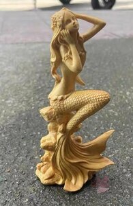 工芸品 黄楊木彫り人魚姫置物実木彫刻