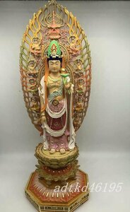 極上彫 総檜材 木彫仏像 仏教美術 精密細工 聖観音菩薩立像 仏師手仕上げ品 彩繪 切金 高さ40cm