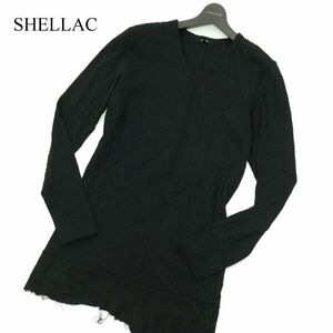 SHELLAC シェラック 通年 カットオフ★ アシンメトリー 切替 長袖 Vネック カットソー ロンTシャツ Sz.46　メンズ 黒 日本製　A3T12300_A#F