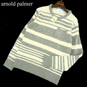 新品 未使用★ arnold palmer アーノルドパーマー 秋冬 ウール★ ロゴ刺繍 ポケット ボーダー ニット セーター Sz.3　メンズ　A3T12648_A#K