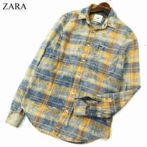 ZARA MAN 1975 ザラ マン 秋冬 ムラ加工★ 長袖 ワーク インディゴ チェック ネル シャツ Sz.S　メンズ　A3T12551_A#B