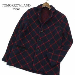 美品★ TOMORROWLAND tricot トゥモローランド 秋冬 ウール チェック ニット テーラード ジャケット Sz.M　メンズ 紺 日本製　A3T12591_A#N