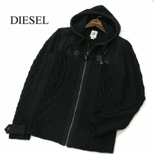 DIESEL ディーゼル 秋冬 ウール★ ケーブル編み ジップアップ ニット 切替 フーディー パーカー Sz.L　メンズ 黒　A3T12998_B#N