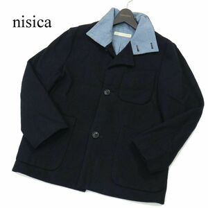 nisica ニシカ 秋冬 メルトン ウール★ スタンドカラー ジャケット Sz.2　メンズ ネイビー 日本製　A3T13217_B#N