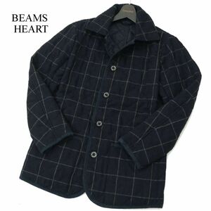 BEAMS HEART ビームス ハート 秋冬 ウール★ チェック 中綿 キルティング ジャケット コート Sz.S　メンズ ネイビー　A3T13297_B#N