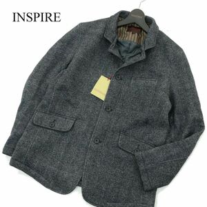 【新品 未使用】 INSPIRE インスパイア 秋冬 ウール ヘリンボーン ニット 中綿 ジャケット Sz.L　メンズ グレー　A3T13472_B#N