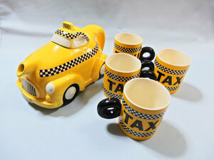 タクシーデザインのティーポットとマグカップセット TAXI チェッカー イエローキャブ コレクション放出！