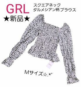 GRL グレイル スクエアネック ダルメシアン柄 ブラウス ショート丈