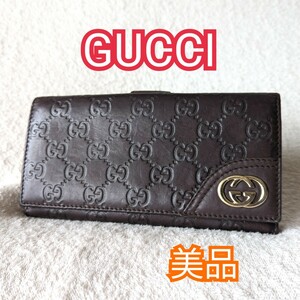 ☆ GUCCI 財布 グッチ シマ レザー インターロッキング ダークブラウン 長財布 高級 ブランド 人気 美品 GG メンテナンス済み 送料230円〜