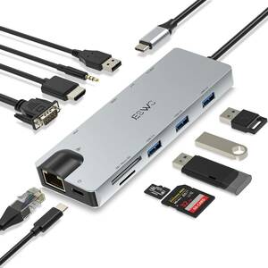 JESWC USB-C ハブ 11-in-1 4K@30Hz HDMI出力 / 1080P 60Hz VGA/ 100W PD充電/ 1Gbpsイーサネット/ USB3.0&USB2.0/ 3.5mm Audio/MicroSD&SD