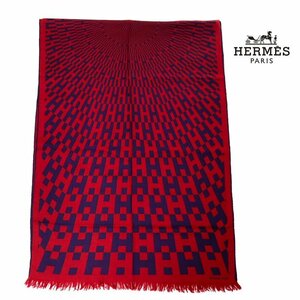 【1円/レア】エルメス HERMES H柄 Ｈロゴ ストール 大判 レクタングル スカーフ カシミア シルク混 63×178㎝ ワインレッド ネイビー 箱